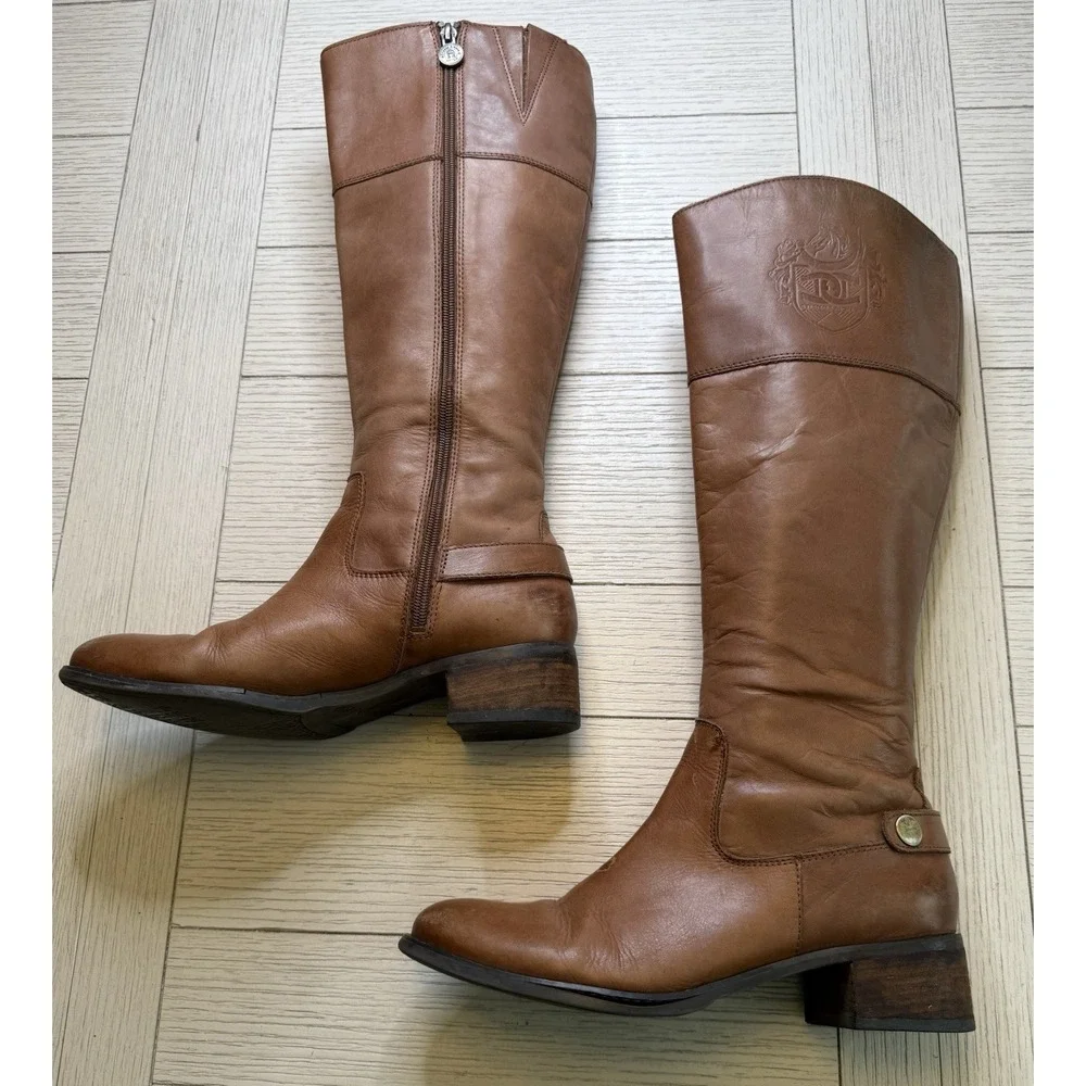 Etienne Aigner Womens Leather Tall Riding Boots Tan Sz 9 M‎ Zip Close Block Heel